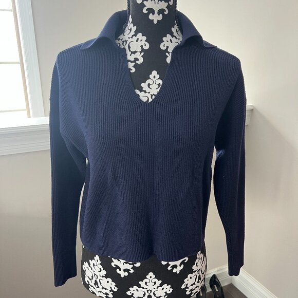 Navy Blue Ribbed Collared Sweater - Picture 1 of 6